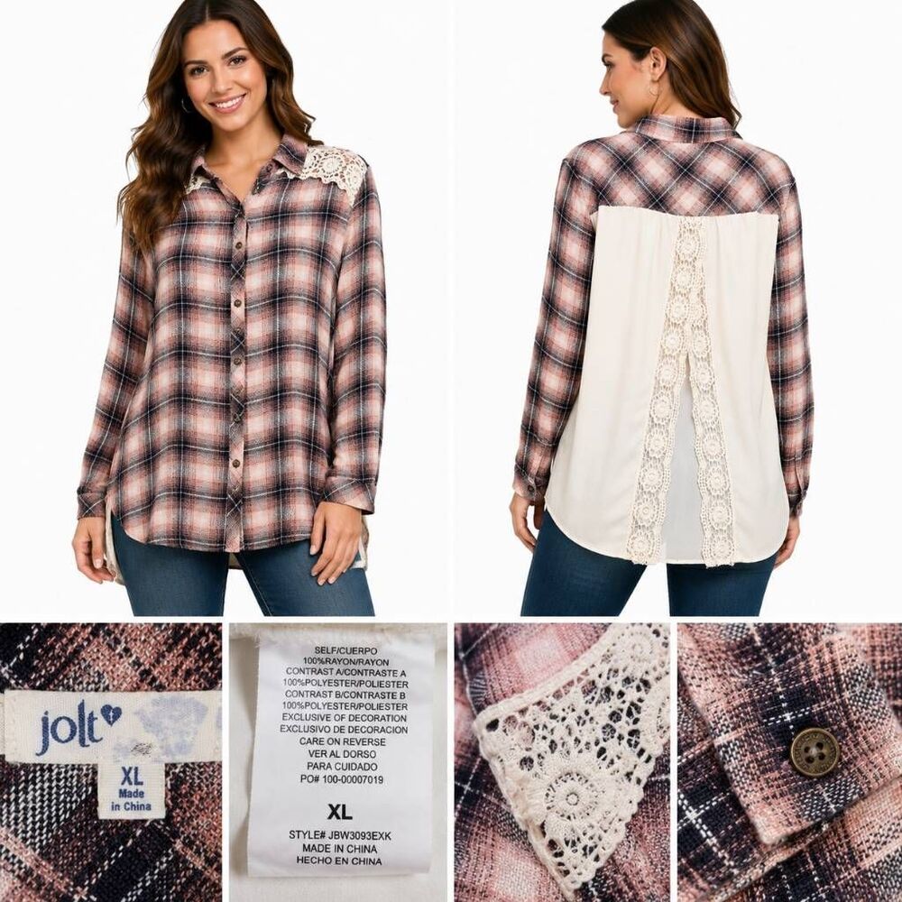 Jolt Women's XL Pink Plaid Button Down Shirt Lace Back Sheer Contrast Long Sleev
